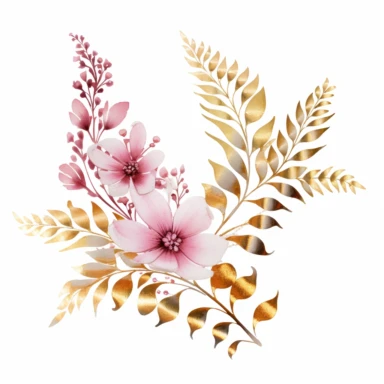 An image of a gold fern with delicate pink flowers, ideal for luxury branding clipart, white background, watercolor sophisticated drawing