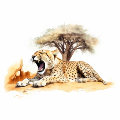 realistic watercolor cheetah taking a nap while yawning on a dry desert land with a huge tree under the shade on solid white background, clipart