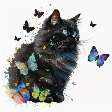 A cute fluffy black cat with colorful butterflies, clipart, white background, in the style of claude monet