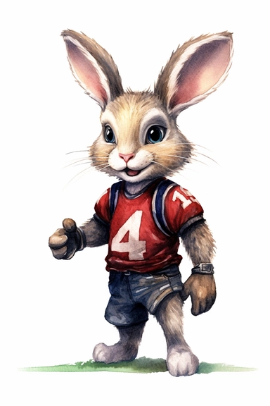 detailed watercolor illustration of tiny cute and adorable american football player bunny, anthropomorphic, model pose, clipart, plain isolated white background, 8k ultra detail high sharpness