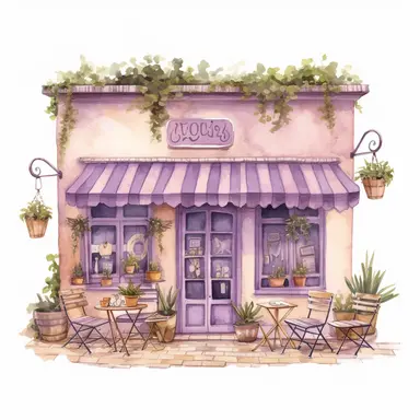 commercial shot of realistic vintage purple pastel french cozy cafe clipart, cute plants , french cafe, with plants plants, god rays, high quality, intricate design, clipart witchcore dreamcore cottagecore white background no text, isolated on white, ghibli style, award winning