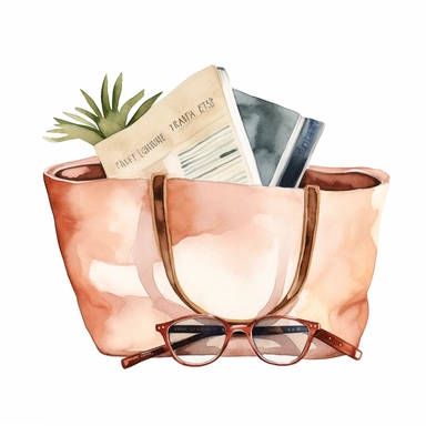 Watercolor A stylish beach bag filled with essentials like a towel, sunglasses, and a book clipart, Minimalist, isolated white background, 8k