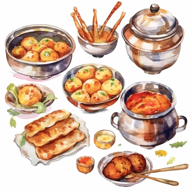watercolor clipart illustration on a white background of Indian Cuisine: Depictions of traditional Indian wedding foods, such as biryani, samosas, or sweets like jalebis.