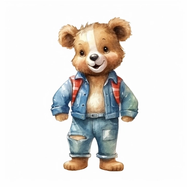 draw charming watercolor illustrations of a teddy bear wearing a shirt, the same character in different situations smiling n watercolor, single object, watercolor illustration, cartoon clipart, white background for removing background