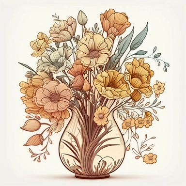 Vase of Flowers Clipart, Sticker, Lovely, Warm Colors, Disney Pixar, Contour, Vector, White Background, Detailed
