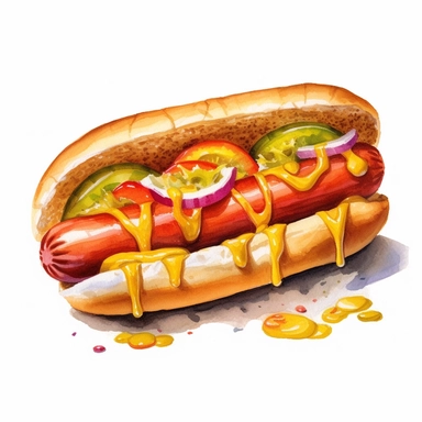 a captivating watercolor, hyper-realistic clipart image with a white background and white margins, portraying a hot dog with all the classic toppings--mustard, ketchup, onions, and relish. The ultra-detailed, hand-drawn elements capture the textures and colors of the hot dog and toppings. Use bold shades of yellow, red, and brown to create a visually enticing image that captures the nostalgia and simplicity of this fast food staple