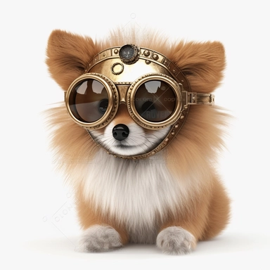 steampunk pomeranian wearing googles, photorealistic, white background, clipart