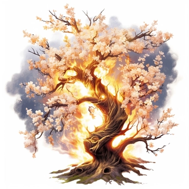 cherry blossom banana oak tree, oak white fire flame, light, golden sun, mighty flowers, pristine, sparkling, white flame, fire light mega epic flowers of epicness, cool and spiky, owning everything, floral art, no background, beautiful, no text, clipart, watercolor