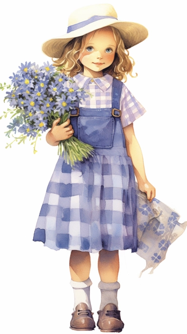 watercolor patchwork farm girl wearing a dress and holding bluebonnets clipart by holly hobbie