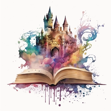 Clipart, Mythical Watercolor Castle Emerging from an Open Book, no background, hd
