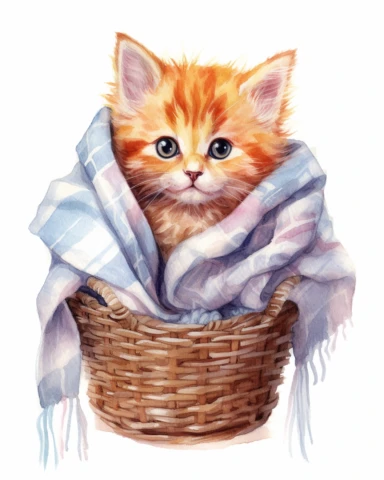 detailed watercolor Kitten in basket with scarf , realistic, isolated on a white background, clipart