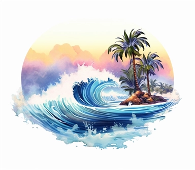 Cute Beautiful Wave Beach Tropical Watercolor Sublimation Clipart,Cartoon, hyper realistic, intricate detail, illustration style,high solution,on the white background , 32k resolution, ultra high definition