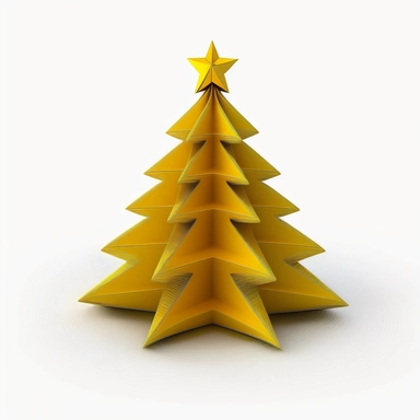 collapsible yellow christmas tree decorated with star on top, clip art style, white background