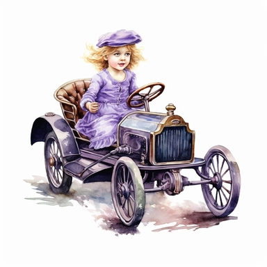 Watercolor Victorian baby girl in driving a violet ford t car from the era clipart , on a white background, Illustration clipart, 4K, extremely detailed