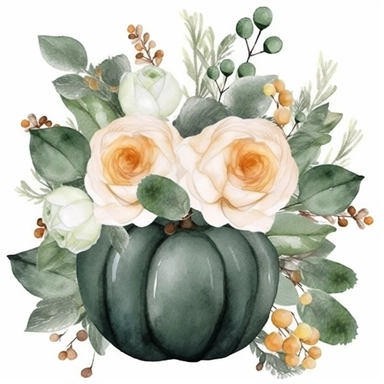 Dark green pumpkin, bouquet of white roses, green leaves, gray eucalyptus leaves, white fruits, watercolor, clipart, illustration, white background