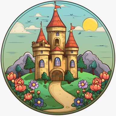 Sticker Clip Art of a medieval fairy tale castle, garden with flowers, illustrated in playful and realistic style, children friendly, perfect for any special occasion, cut out in the shape of a castle, children friendly, with no visible background, giving it the appearance of a sticker, edited with Adobe Photoshop to adjust brightness and contrast, rendered as a transparent PNG file with a high resolution to ensure a crisp and clear image with no pixelation, suitable for various applications suc