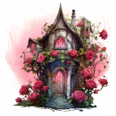 clipart style dark fairy house with hot pink roses high resolution highly detailed watercolor 16 k