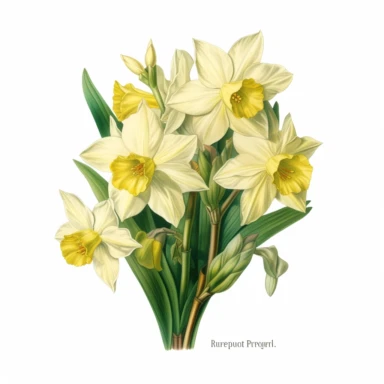 botanical clipart, full jonquil flower bouquet ruban wrap, isolated on white background, Margaret Mee, Pierre-Joseph Redouté, Sydney Parkinson, 8k