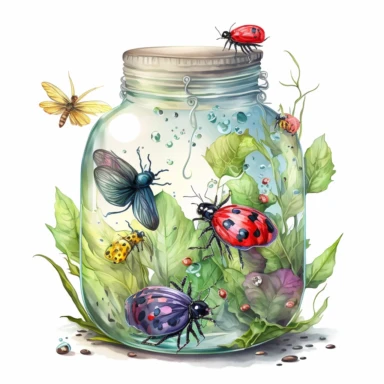 fantasy illustration, glass jar with batterflies and ladybirds, watercolor clipart style, no letters, vibrant colors