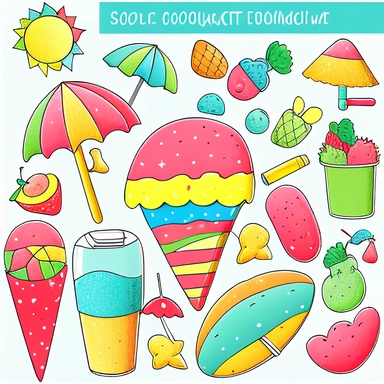 Please create a series of color-pencil clipart illustrations featuring different items related to summer. Each illustration should be drawn in a playful and cheerful style that captures the vibrancy and warmth of the season. Items to include can be beach balls, watermelons, sun hats, flip-flops, and ice cream cones. Please use a colorful and coherent color palette that is bright and evokes the feeling of warmth and sunshine. Colors that are associated with summer, such as yellows, oranges, pinks