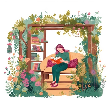 clipart image portraying a person reading in a lush garden filled with blooming flowers and crawling vines. Design a cozy reading nook amidst the greenery, complete with a wooden bench or a hammock, surrounded by bookshelves filled with colorful books, isolated on white background