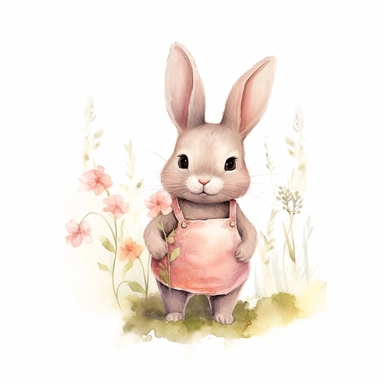 watercolour clipart illustration of cute shy modest baby bunny looking to the left wearing beautiful detailed pink summer dress, standing in woodlands background on grass with flowers on white background, in the style of hyper-realistic animal illustrations, i can't believe how beautiful this is, childlike illustrations, close up, earthy tones