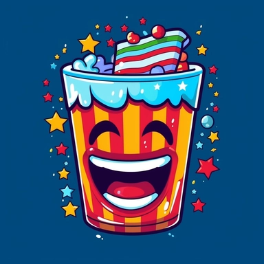 isolated flat clipart on a white background of a cute Fourth of July themed happy cartoon face glass of cola throwing up a rainbow with stars on a blue background and red horizontal stripes tshirt design graphic, in the style of daniel f. gerhartz, transcendent, nikon d850, art of burma, captures the essence of nature, in the style of organic forms and patterns, expansive skies, hyper-detailed illustrations, i can't believe how beautiful this is, lively colors