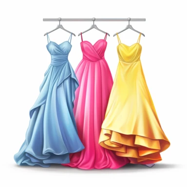 2d illustration of 3 prom dresses, fashion illustration, clipart, illustration, spagetti strap dress with ball gown petitcoat, pink, blue, white, yellow on mannequin, white background, 360dpi,