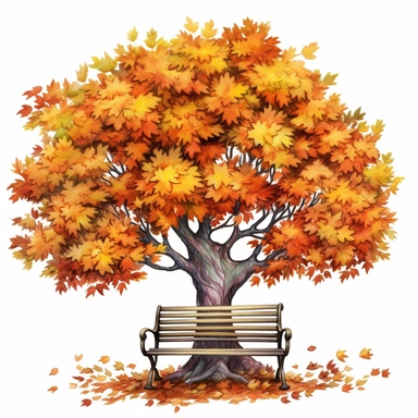 Autumn tree by the bench, in the style of digital airbrushing, pattern - based painting, storybook illustrations, hd, ps1 graphics, soft shading, accurate and detailed, style by Lucy Fleming, watercolor, smooth gradients, black contour outline, ultra deta