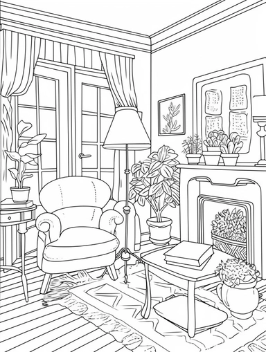 An Adult Coloring Book Featuring Fun and Relaxing Interior Home Designs with Beautifully Furnished Rooms and Welcoming Outdoor Spaces, coloring page line art, black and white clipart for coloring page, simple and clean line art, illustration style,