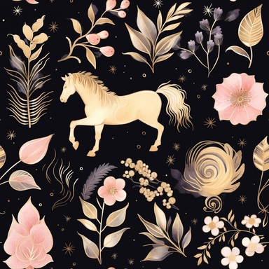 Draw a watercolor-style clip art images that feature objects related to an aesthetic adorned with floral designs. The images should have aesthetic, and should incorporate elements such as watercolor [gold] unicorn kawaii minimal design, black background with black ornaments on the body, in a Scandinavian folk art style with botanical and swirl motifs. light pink gold colors Traditional with a modern twist watercoloritem collection, isolated on a black background, , classy, simple, graphics, clip