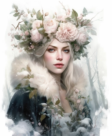 isolated on white illustration watercolor art of a portrait of beautiful feminine princess, overgrown with white and light pink roses and flowers, covered with snow and ice, a lot of moss and branches, hat, lace and embroidery, trees, fur cape, masterpiece by Tom Bagshaw style and by Hans Zatzka style and by James C. Christensen style and by Alexander Jansson style, Baroque fashion, PNG clipart, isolated on white, white background, extreme photorealistic details, 32k HD resolution, realistic hig