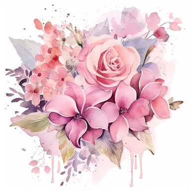 A graceful pink watercolor floral bouquet clipart, featuring an arrangement of lush flowers, including roses, lilies, and hydrangeas, with petals gently cascading, capturing the fluidity and softness of the watercolor medium, surrounded by subtle splashes and droplets, evoking a sense of tranquility and serenity, Illustration, watercolor and ink on textured paper,