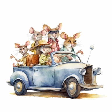 a father mouse driving a car with family going on vacation, detailed, hd, watercolor, clipart, white background