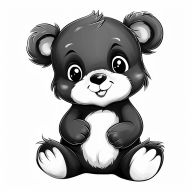 cute and happy baby bear clipart, binary black and white, very high contrast, white background