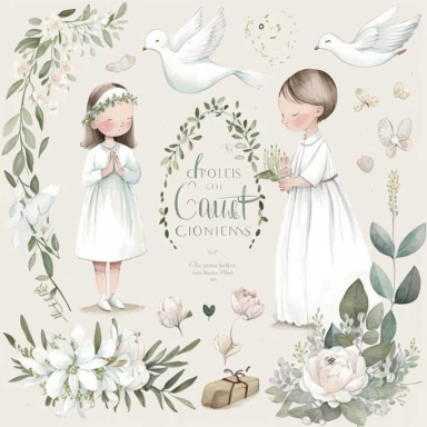 First communion illustrations clipart set, watercolor, white background, simple, soft colors , cartoon elements girl, boy ,holy cross, white doves, tulips, peonies, eucalyptus branches, wooden rosary beads, white flowers