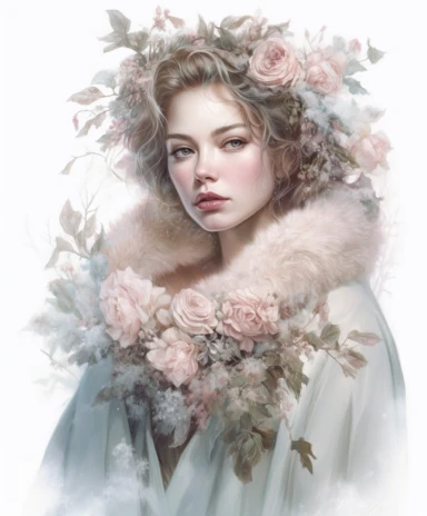 isolated on white illustration watercolor art of a portrait of beautiful feminine princess, overgrown with white and light pink roses and flowers, covered with snow and ice, a lot of moss and branches, lace and embroidery, trees, fur cape, masterpiece by Tom Bagshaw style and by Hans Zatzka style and by James C. Christensen style and by Alexander Jansson style, Baroque fashion, PNG clipart, isolated on white, white background, extreme photorealistic details, 32k HD resolution, realistic high det