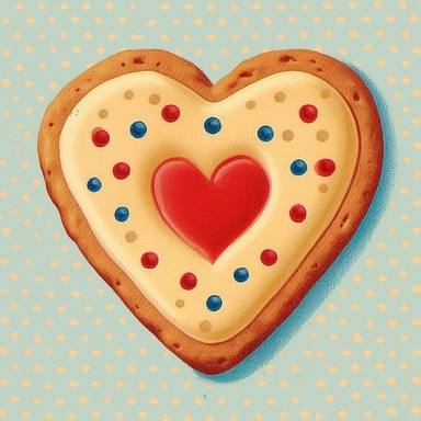 a simple cookie , chromolithograph, shaped like a heart , decorated , valentine Clipart, on a plain cream background, vintage, 1950s era look.