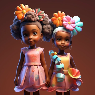 There are two little african american girls wearing colorful and vibrant dresses, with flower-shaped hair clips adorning their hair,3d art,c4d,actane render,ray tracing,popmart bling box,clay material,pixar trend,animation ligting,depth of field,ultra,detailed 5