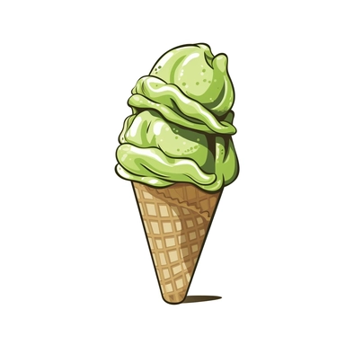Matcha green tea ice cream in a cone, clipart, clean lines, white background