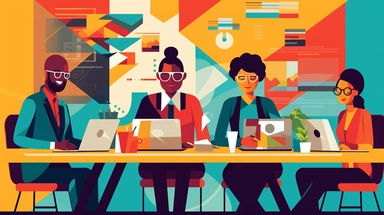 clipart of a scene of 5 diverse office staff working together in a a conference table, Alegria style, corporate memphis style, flat art, bold colors, upbeat, happy, expressive, friendly
