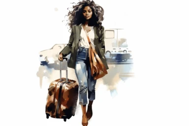 beauticul black womam with long hair, pulling luggage through airport, watercolor clipart