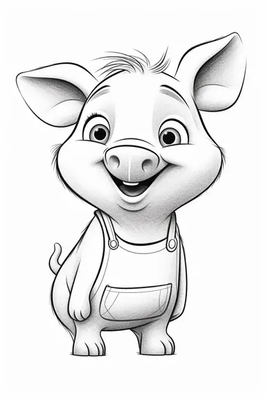 pixar Pig clipart, simple line art, monocromatic, isolated on white background, color image, full body, stroke line art, for toddler coloring, 8k