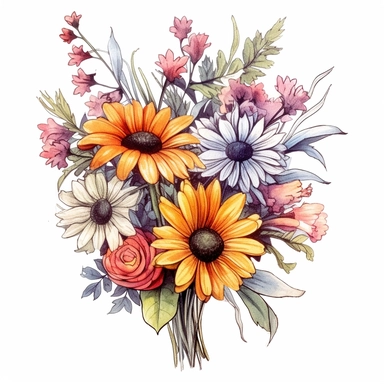 bouquet of flowers color pencil sketch on a white background for clipart