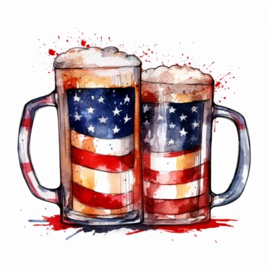 Watercolor american patriotic flag beer mugs clipart illustration, centred, vibrant colors, red, white and blue, add the flag, on a white background, no watermark, no logo, no writin