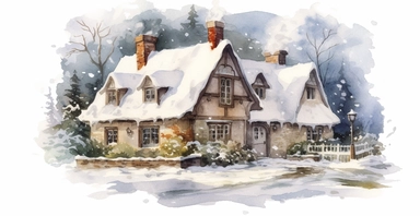 Cute English Cottage, snowy, watercolor clipart