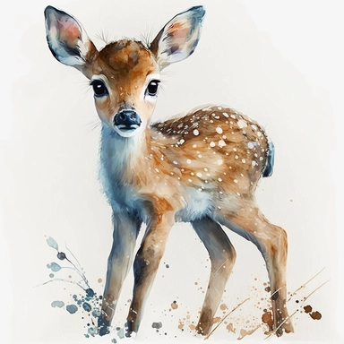 watercolor cute deer cub with bright blue eyes, animal illustrations, appropriation artist, aquarellist, album covers, disney animation, light maroon and light gold, precisionist art , clipart--ar 107:158