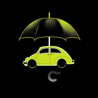 clipart cartoon Auto Insurance, car insurance, car under large umbrella, black background, Chartreuse, Black, Silver, Grey and white