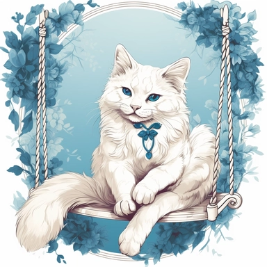 make a clipart of beautiful fairytale fluffy white victorian cat on a swing with bright blue colors