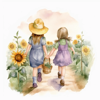two little girls from the early 20th century are holding hands running on a country path that has sunflowers and lavender alongside it watercolor clipart no fonts no letters no words